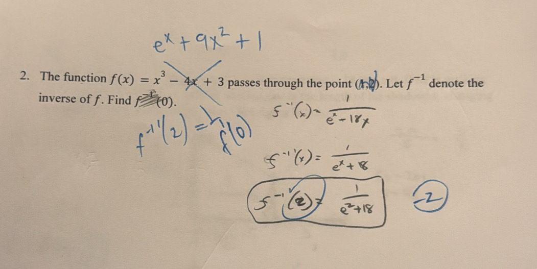 The function f(x)=x^3-4x+3 passes through the point (1,2). Let f^(-1) denote the 
inverse of f. Find f≥slant 10).