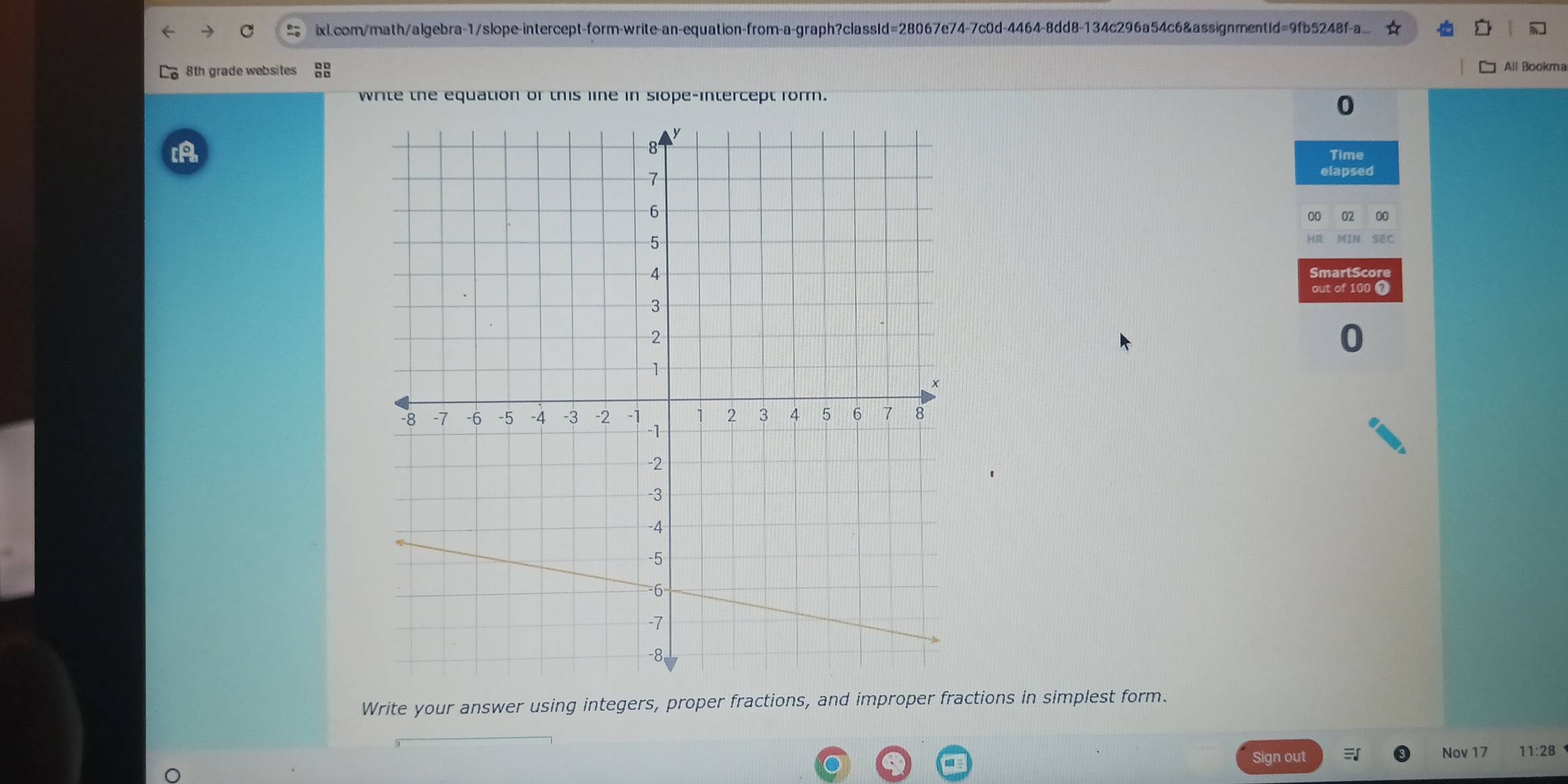 8th grade websites 38 
All Bookma 
write the equation or this line in slope-intercept form. 
0 
Time 
elapsed 
out of 10 a 
0 
Write your answer using integers, proper fractions, and improper fractions in simplest form. 
Sign out Nov 17 11:28