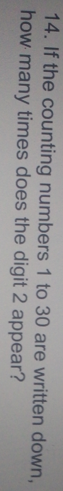 If the counting numbers 1 to 30 are written down, 
how many times does the digit 2 appear?