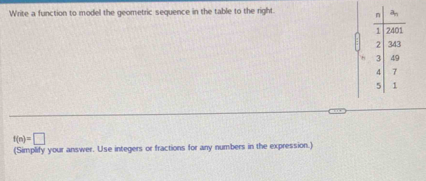 Write a function to model the geometric sequence in the table to the right.
f(n)=□
(Simplify your answer. Use integers or fractions for any numbers in the expression.)