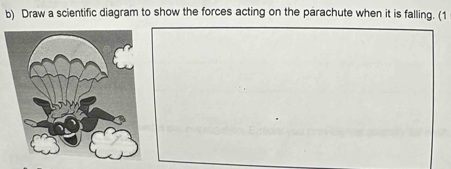 Draw a scientific diagram to show the forces acting on the parachute when it is falling. (1