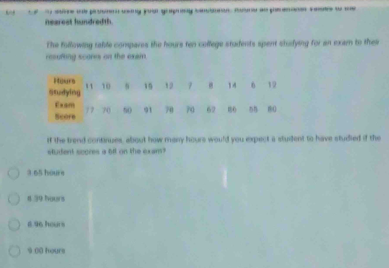 sthee te proorm aany your graprny casaeon, Roone an perenne veae to me
nearest hundredth.
The following table compares the hours ten college students spent studying for an exam to their
resufting scores on the exam.
If the trend continues, about how many hours would you expect a student to have studied if the
student scores a 58 on the exam?
3.65 houre
8 39 hours
8.96 hours
9 00 hours