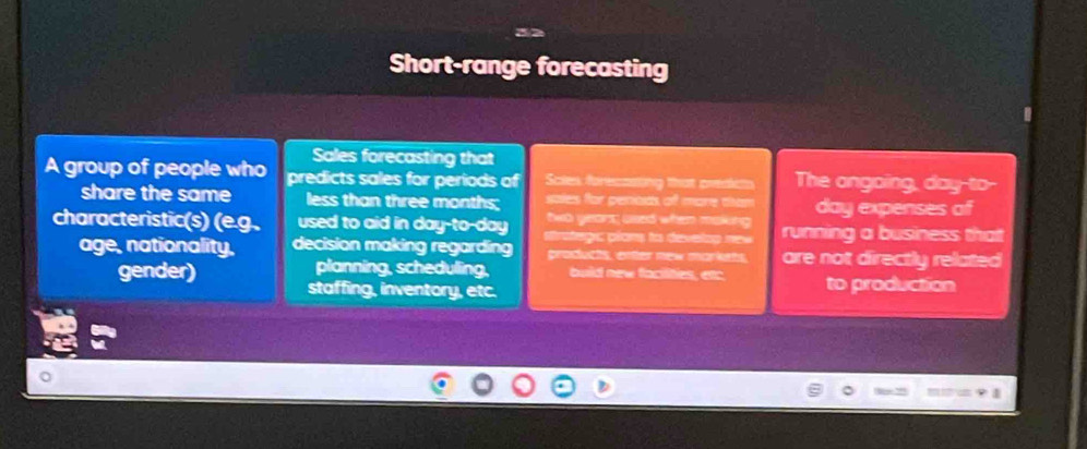 Short-range forecasting 
Sales forecasting that 
A group of people who predicts sales for periods of Sates forecsetiing tha pobas The angaing, day -to- 
share the same less than three months; sales for penicas of more tham day expenses of 
toh yeent haad when making 
characteristic(s) (e.g.. used to aid in day-to- day sratagc plans to develag new running a business that 
age, nationality, decision making regarding produchs, onter new markets. are not directly related 
vector circ  anning, scheduling, buid new faciities, etc to production 
gender) staffing, inventory, etc.