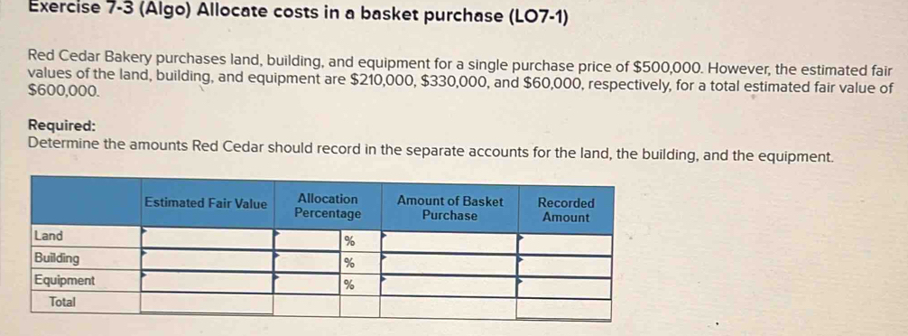 (Algo) Allocate costs in a basket purchase (LO7-1) 
Red Cedar Bakery purchases land, building, and equipment for a single purchase price of $500,000. However, the estimated fair 
values of the land, building, and equipment are $210,000, $330,000, and $60,000, respectively, for a total estimated fair value of
$600,000. 
Required: 
Determine the amounts Red Cedar should record in the separate accounts for the land, the building, and the equipment.