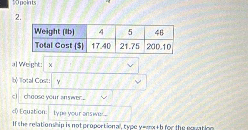 Weight: x
b) Total Cost: y
c choose your answer... 
d) Equation: type your answer... 
If the relationship is not proportional, type y=mx+b for the equation.