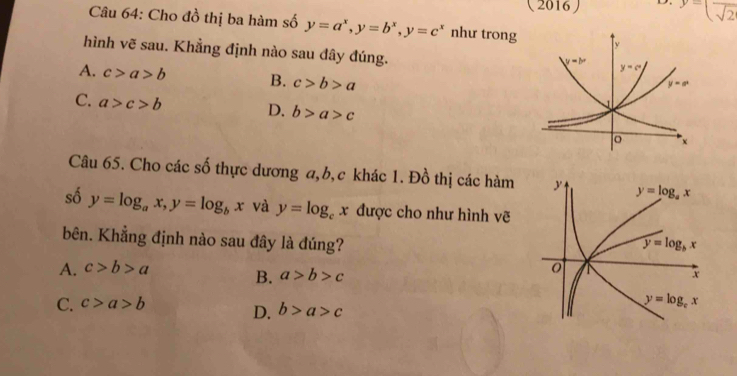 ( 2016 ) D. y=(frac sqrt(2)
Câu 64: Cho đồ thị ba hàm số y=a^x,y=b^x,y=c^x như trong
hình vẽ sau. Khẳng định nào sau đây đúng.
A. c>a>b B. c>b>a
C. a>c>b D. b>a>c
Câu 65. Cho các số thực dương a,b,c khác 1. Đồ thị các hàm 
số y=log _ax,y=log _bx và y=log _cx được cho như hình vẽ
bên. Khẳng định nào sau đây là đúng?
A. c>b>a B. a>b>c
C. c>a>b
D. b>a>c