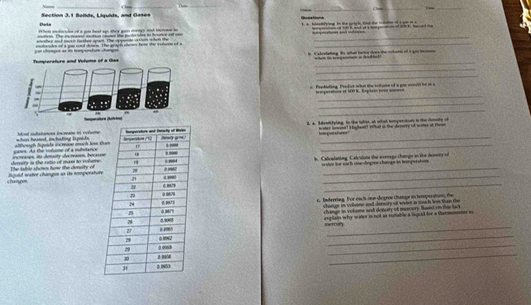 Naine ___Eits_ 
Na 
_□= 
Section 3.1 Solids, Liquids, and Gases 
Dala 
When moloculs of a gas heat up, they gain enengy and increase in I a. I dendifying in the graph, find the colute of a gas ot a 
motion. The incrased moton cuses the melecules to bounce off one trimpensare of 100 K, and at a temporstune of 200 C, luso the 
another and move farther apart. The opposte occur when the ===tune and velar== 
molocsdes of a gas cool cses. The graph shoss hoe the volsme of a 
_ 
ar chançes as las temperature changes 
_ 
C l oating. By what fac tor does the volums of a g o m e sns 
het is teusporatum is dooled ! 
_ 
_ 
_ 
c. Predieting Predict what the volume of a gis would be at s 
temperatur of 600 IC Iqlain yowr amnees 
_ 
_ 
2. a. Sdentifying. In the table, at what tomperatore is the dessity of 
when heated, inchading liquids. Most sbstances increase in volume water lowest? Highest? What is the dienorry of wane at those 
_ 
although lquids increase much less t tempera Dwres ? 
gases. As the volume of a substance 
increases, its density decreases, becau 
density is the ratio of mass to volume. b. Calculating Calculate the average change in the densty of 
The table shos how the density of water for each one-degre change io timmperature 
_ 
change liquid water changes as its temperatur 
_ 
c. Inferring For each one-degree change in temsperatuns, the 
change in volume and density of water is much less than the 
change in volume and density of mercury. Based on this fact 
mercury explain why water is not as suitable a liqud for a thermometer is 
_ 
_ 
_