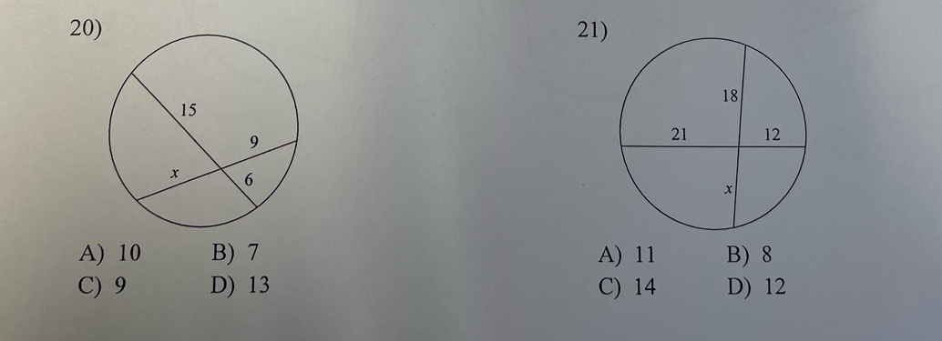 A) 10 B) 7 A) 11 B) 8
C) 9 D) 13 C) 14 D) 12