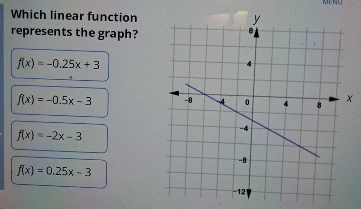 MENU
Which linear function
represents the graph?
f(x)=-0.25x+3
f(x)=-0.5x-3
f(x)=-2x-3
f(x)=0.25x-3