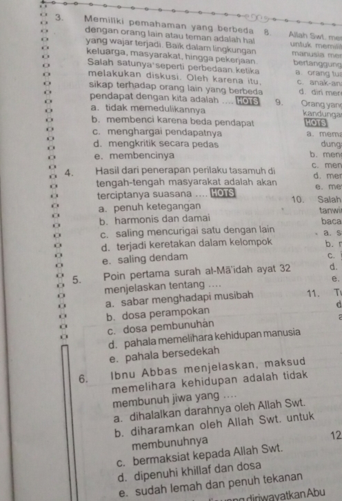 Memiliki pemahaman yang berbeda B. Allah Swt. me
dengan orang lain atau teman adalah hal untuk memili!
yang wajar terjadi. Baik dalam lingkungan manusía mer
keluarga, masyarakat, hingga pekerjaan. bertanggung
Salah satunya seperti perbedaan ketika a. orang tu
melakukan diskusi. Oleh karena itu. c. anak-an
sikap terhadap orang lain yang berbeda d. diri mer
pendapat dengan kita adalah .... hors 9. Orang yan
. a. tidak memedulikannya kandunga
. b. membenci karena beda pendapat HOTS
O c. menghargai pendapatnya a. mem dung
d. mengkritik secara pedas
e.membencinya b. men
4. Hasil dari penerapan perilaku tasamuh di c. men d. mer
tengah-tengah masyarakat adalah akan e. me
terciptanya suasana .... HOTS 10.  a Salah
a. penuh ketegangan tanwir
b. harmonis dan damai baca
c. saling mencurigai satu dengan lain a. s
0 d. terjadi keretakan dalam kelompok b. r
a
' e. saling dendam
C.
5. Poin pertama surah al-Mā'idah ayat 32 d.
e.
O menjelaskan tentang ....
O a. sabar menghadapi musibah 11. T
d
b. dosa perampokan
O c. dosa pembunuhán
d. pahala memelihara kehidupan manusia
e. pahala bersedekah
6.  Ibnu Abbas menjelaskan, maksud
memelihara kehidupan adalah tidak
membunuh jiwa yang ....
a. dihalalkan darahnya oleh Allah Swt.
b. diharamkan oleh Allah Swt. untuk
membunuhnya
12
c. bermaksiat kepada Allah Swt.
d. dipenuhi khillaf dan dosa
e. sudah lemah dan penuh tekanan
ng diriwayatkan Abu