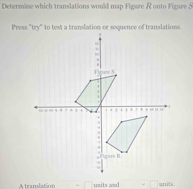 Determine which translations would map Figure R onto Figure S
A translation □ units and □ units.