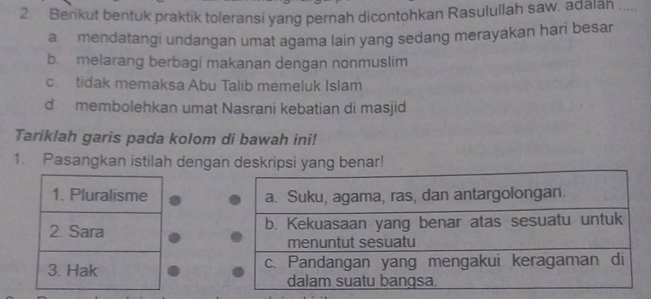 Berikut bentuk praktik toleransi yang pernah dicontohkan Rasulullah saw. adaian .....
a mendatangi undangan umat agama lain yang sedang merayakan hari besar
b. melarang berbagi makanan dengan nonmuslim
c. tidak memaksa Abu Talib memeluk Islam
d. membolehkan umat Nasrani kebatian di masjid
Tariklah garis pada kolom di bawah ini!
1. Pasangkan istilah dengan deskripsi yang benar!