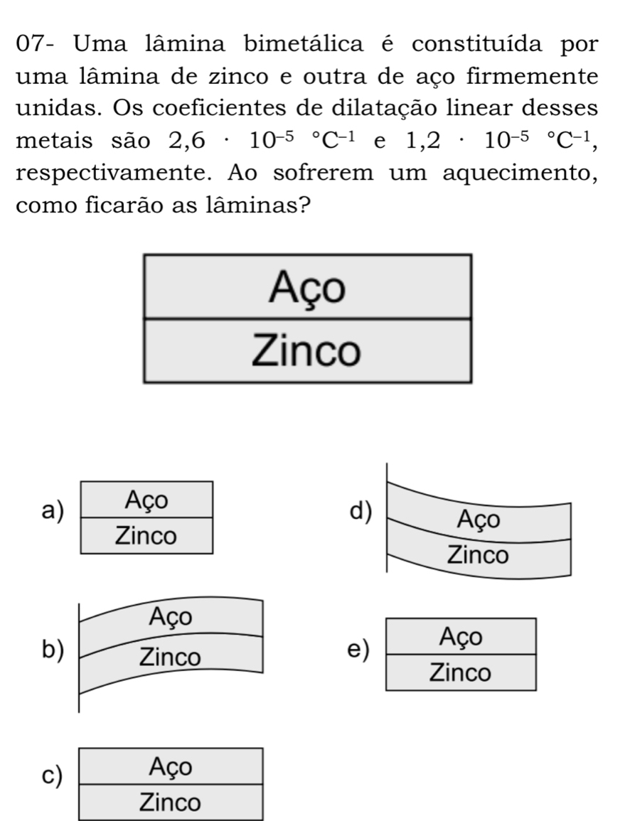 07- Uma lâmina bimetálica é constituída por
uma lâmina de zinco e outra de aço firmemente
unidas. Os coeficientes de dilatação linear desses
metais são 2,6· 10^((-5)°C^-1) e 1,2· 10^((-5)°C^-1), 
respectivamente. Ao sofrerem um aquecimento,
como ficarão as lâminas?
a)
d
b
e
c