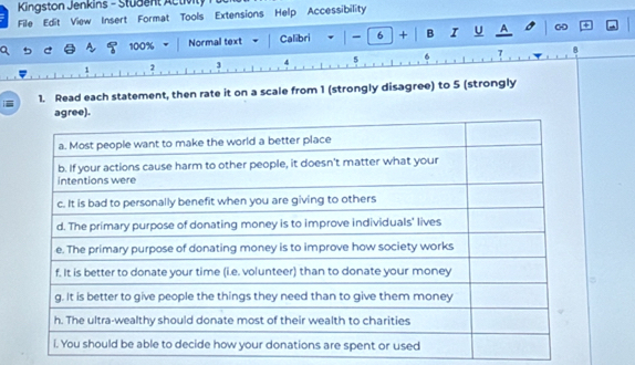 Kingston Jenkins - Student Activily 
. File Edit View Insert Format Tools Extensions Help Accessibility 
5 100% Normal text Calibri |- 6 + B I U A
1 2 3 4 5 7
B 
i≡ 1. Read each statement, then rate it on a scale from 1 (strongly disagree) to 5 (strongly 
agree).