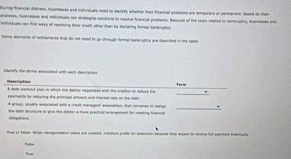 During financial distress, businesses and individuals need to identify whether their financial problems are temporary or permanent. Based on their
analyses, businesses and individuals can strategize solutions to resolve financial problems. Because of the costs related to bankruptcy, businesses and
individuals can find ways of resolving their credit other than by declaring formal bankruptcy.
Some elements of settlements that do not need to go through formal bankruptcy are described in the table.
Identify the terms associated with each description.
Description
_
Term
_
A debt workout plan in which the debtor negotiates with the creditor to reduce the
payments by reducing the principal amount and interest rate on the debt.
_
A group, usually associated with a credit managers' association, that convenes to realign
the debt structure to give the debtor a more practical arrangement for meeting financial
obligations.
True or False: When reorganization plans are created, creditors prefer an extension because they expect to receive full payment eventually.
False
True