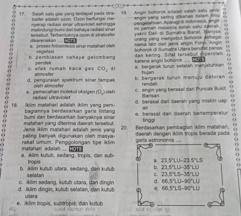 Salah satu gas yang terdapat pada stra- 19. Angin bohorok adalah salah satu jenis
tosfer adalah ozon. Ozon berfungsi me angin yang sering dibahas dalam ilmu
nyerap radiasi sinar ultraviolet sehingga  p h uan. Apala i di Indonesi , an g
melindungi bumi darí bahava radiasi sinar ini pernah melanda salah satu daerah, 0
tersebut. Terbentuknya ozon di stratosfer yakni Deli di Sumatra Barat. Banyak   
dikarenakan .... FOTS orang yang menyebut bohorok sebagai
a. proses fotosintesis sinar matahari oleh nama lain dari jenis angin Fohn. Angin
vegetasi bohorok di Sumatra Utara bers fat panas
b. pembiasan cahaya gelombang dan kering. Sifat tersebut diperoleh
pendek karena angin bohorok .... HOTS
c. efek rumah kaca gas CO_2 dì a. bergerak turun setelah menjatuhkan
atmosfer hujan
d. penguraian spektrum sinar tampak b. bergerak turun menuju dataran
oleh atmosfer rendah
e. pemecahan molekul oksigen (O_2) oleh c. angin yang berasal dari Puncak Bukit
radiasi ultraviolet Barisan
18. Iklim matahari adalah iklim yang pem- d. berasal dari daerah yang miskin uap
bagiannya berdasarkan garis lintang air
bumi dan berdasarkan banyaknya sinar e. berasal dari daerah bertemperatur
matahari yang diterima daerah tersebut. tinggi o
Jenis iklim matahari adalah jenis yang 20. Berdasarkan pembagian iklim matahari,
paling banyak digunakan oleh masya daerah dengan iklim tropis berada pada
rakat umum. Penggolongan tipe iklim garis astronomis ....
matahari adalah .... HOTS
a. iklim kutub, sedang, tropis, dan sub-
tropis
a. 23.5°LU-23.5°LS
b. iklim kutub utara, sedang, dan kutub b. 23,5°LU-35°LU
selatan C. 23.5°LS-35°LU
c. iklim sedang, kutub utara, dan dingin d. 66.5°LU-90°LU
d. iklim dingin, kutub selatan, dan kutub e. 66.5°LS-90°LU
utara
e. iklim tropis, subtropis, dan kutub
s   l