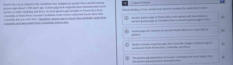 Puerto Rico is an island in the Caribbean Sea. Indigenous people there started raising 12 Mark for Review
guinea pigs about 1,700 years ago. Guinea pigs had originally been domesticated much
earlier in both Colombia and Peru. So were guinea pigs brought to Puerto Rico from Which finding, if true, would most directly weaken the underlined claim?
Colombia or from Peru? Ancient Caribbean trade routes connected Puerto Rico with
Colombia but not with Peru. Therefore, guinea pigs in Puerto Rico probably came from A Ancient guinea pigs in Puerto Rico were genetically less similar to
Colombia and descended from Colombian guinea pigs. ancient guinea pigs in Colombia than to ancient guinea pigs in Peru.
B Guinea pigs are common in ancient Puerto Rican art, especially in
pottery.
Modern breeds of guinea pigs don't look like images of guinea pigs in
ancient art from Puerto Rico, Colombia, and Peru.
D The guinea pig population of ancient Colombia was much larger than
the guinea pig population of ancient Peru.