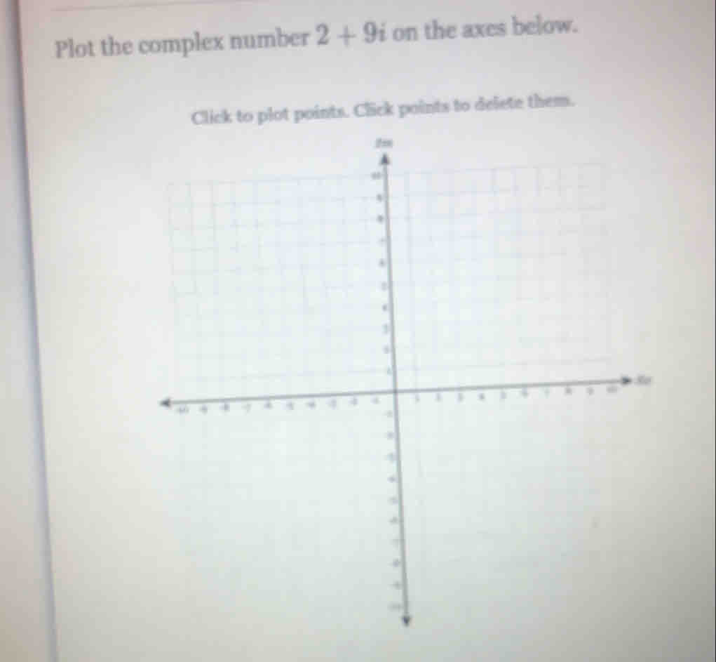 Plot the complex number 2+9i on the axes below. 
Click to plot points. Click points to delete them.