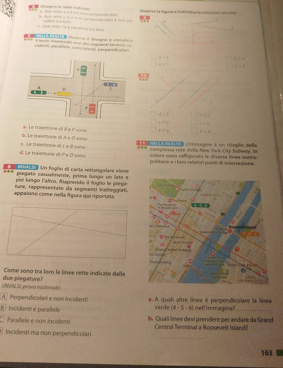 Disegna le rette indicate: Osserva la figura e individua le relaxioní corrette
a. due rette σ e δ tra loro perpendicolari
b. due rette c é d non perpendicolari e non pa  b
rallele tra loro:
c. due rette f e g parallele tra loro
. ,
NELLAREALTA Osserva il disegno e completa
il testo inserendo uno dei seguenti termini: In
cidenti, parallele, coincidenti, perpendicolari.
A Lb
aparallel b
to C
e e e
d⊥ b b⊥ e
c // a cìò
a. Le traiettorie di B e P sono _e // a e ⊥a
b. Le traiettorie di A e D sono_
11   NELLA REALTA L'immagine è un ritaglio della
c. Le traiettorie di L e B sono _complessa rete della New York City Subway. In
d. Le traiettorie di P e D sono _colore sono raffigurate le diverse linee metro-
politane e i loro relativi punti di intersezione.
G  INVALSI Un foglio di carta rettangolare viene
... piegato casualmente, prima lungo un lato e
poi lungo l'altro. Riaprendo il foglio le piega-
ture, rappresentate da segmenti tratteggiati,
appaiono come nella figura qui riportata.
Come sono tra loro le linee rette indicate dalle
due piegature?
(INVALSI, prova nazionale)
A Perpendicolari e non incidenti a. A quali altre linee è perpendicolare la linea
B  Incidenti e parallele verde (4-5-6) nell 'immagine?_
C Parallele e non incidenti
b. Quali linee devi prendere per andare da Grand
Central Terminal a Roosevelt Island?
Incidenti ma non perpendicolari
_
163