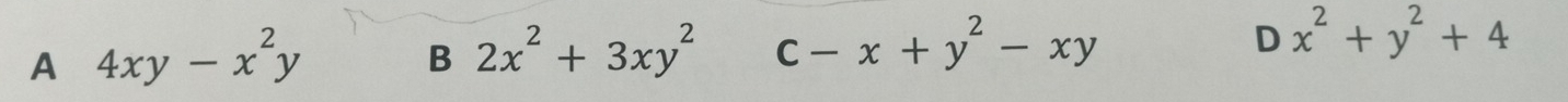 A 4xy-x^2y
B 2x^2+3xy^2 c-x+y^2-xy
D x^2+y^2+4