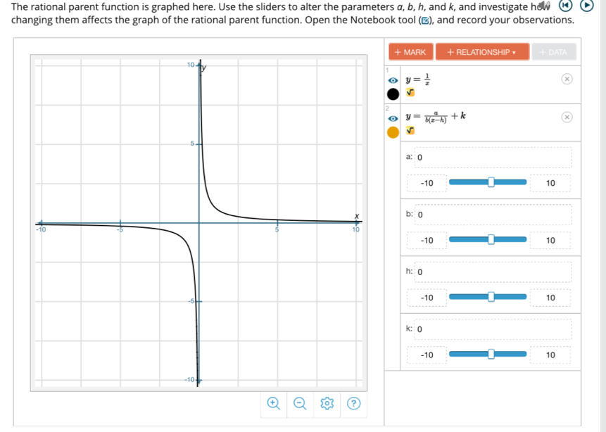 Solved: The rational parent function is graphed here. Use the sliders ...