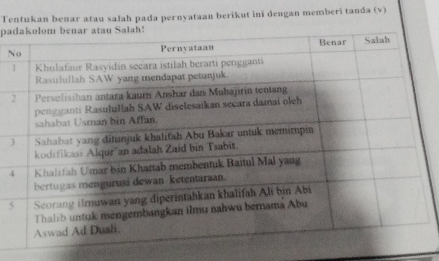 Tentukan benar atau salah pada pernyataan berikut ini dengan memberi tanda (v) 
pa 
N
5