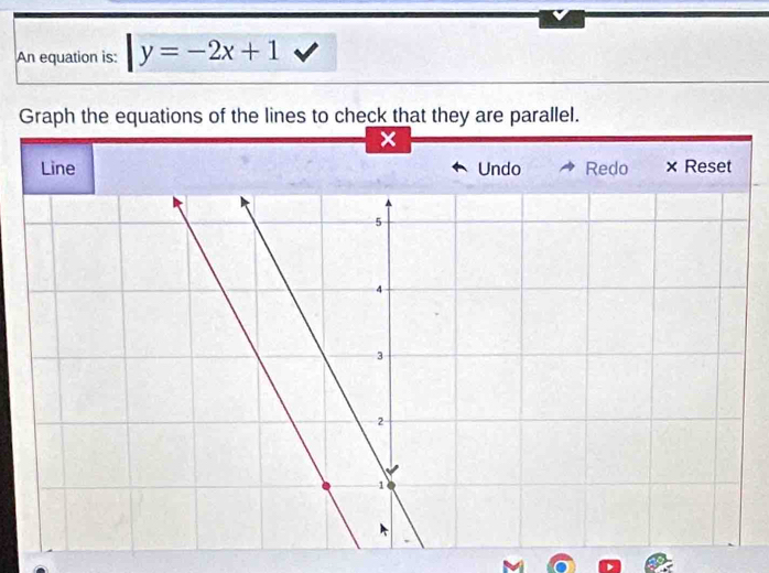 An equation is: y=-2x+1
Graph the equations of the lines to check that they are parallel. 
× 
Line Undo Redo × Reset