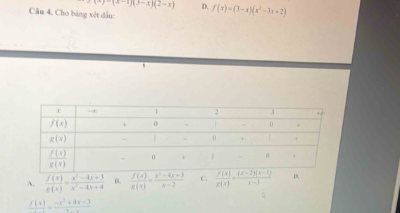 (x)-(x-1)(3-x)(2-x) D. f(x)=(3-x)(x^2-3x+2)
Câu 4. Cho bảng xét dầu:
A.  f(x)/g(x) = (x^2-4x+3)/x^2-4x+4  B.  f(x)/g(x) = (x^2-4x+3)/x-2  C.  f(x)/g(x) = ((x-2)(x-1))/x-3  D.
 f(x)/x-1 = (-x^2+4x-3)/x 