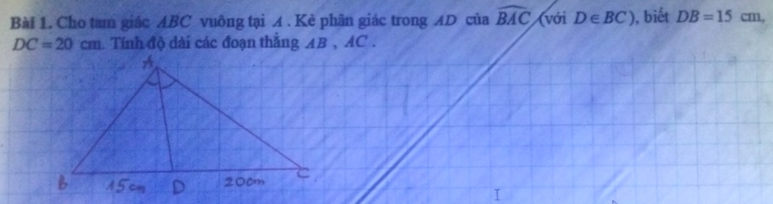 Cho tam giác ABC vuông tại A. Kẻ phân giác trong AD của widehat BAC (với D∈ BC) , biết DB=15cm,
DC=20cm. Tính độ dài các đoạn thắng AB , AC.