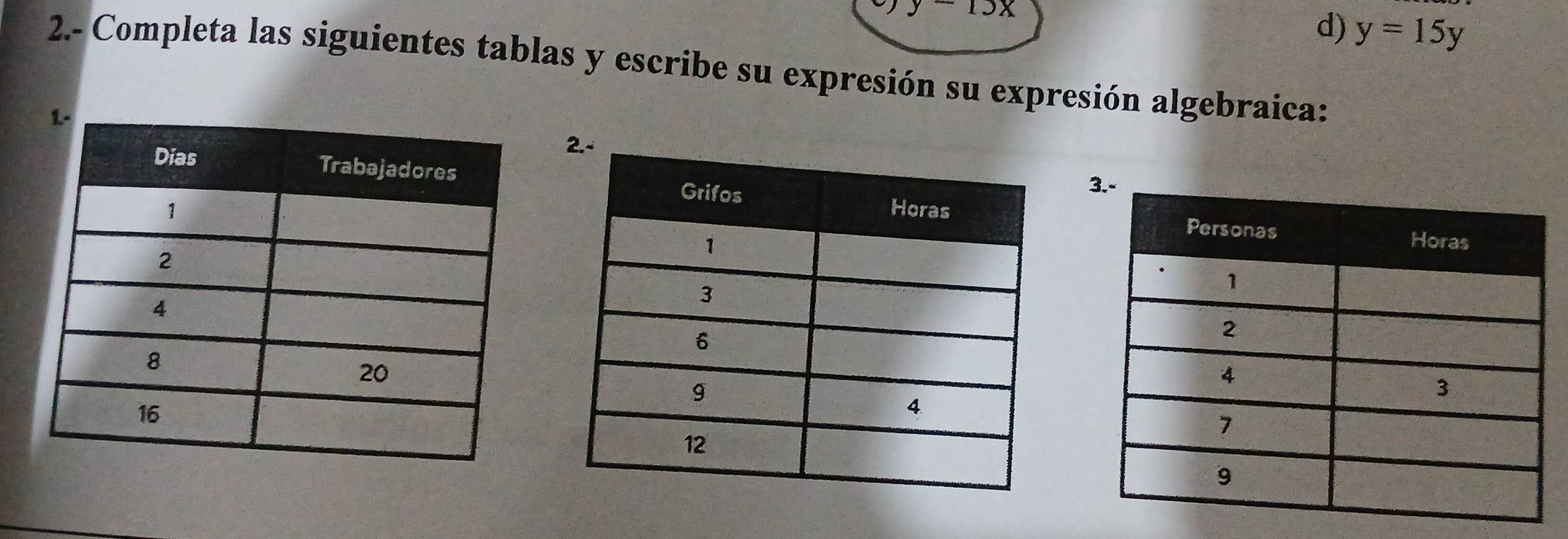 y-1)x
d) y=15y
2.- Completa las siguientes tablas y escribe su expresión su expresión algebraica: