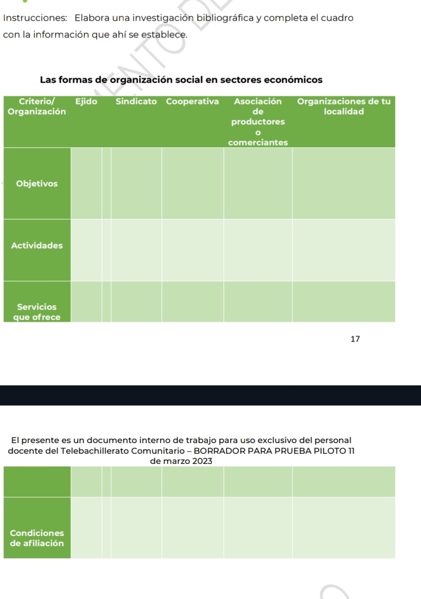 Instrucciones: Elabora una investigación bibliográfica y completa el cuadro 
con la información que ahí se establece. 
Las formas de organización social en sectores económicos 
O 
A 
17 
El presente es un documento interno de trabajo para uso exclusivo del personal 
docente del Telebachillerato Comunitario - BORRADOR PARA PRUEBA PILOTO 11