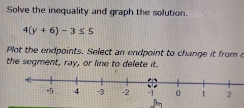 Solve the inequality and graph the solution.
4(y+6)-3≤ 5
Plot the endpoints. Select an endpoint to change it from c 
the segment, ray, or line to delete it.