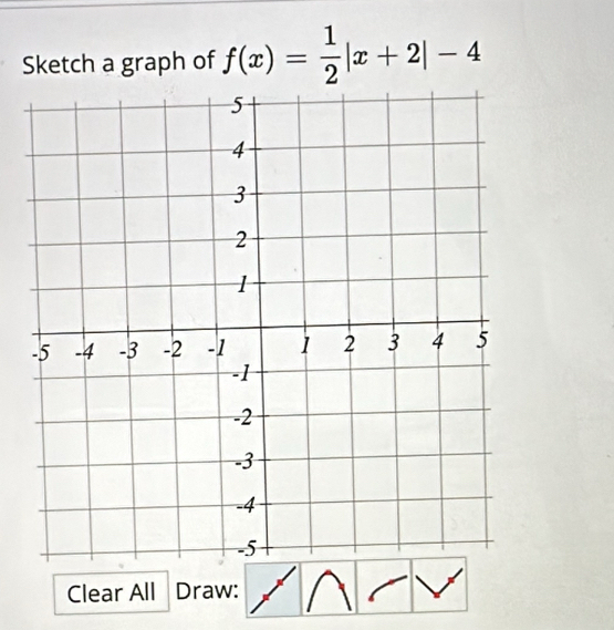 Sketch a graph of f(x)= 1/2 |x+2|-4
Clear All Draw: