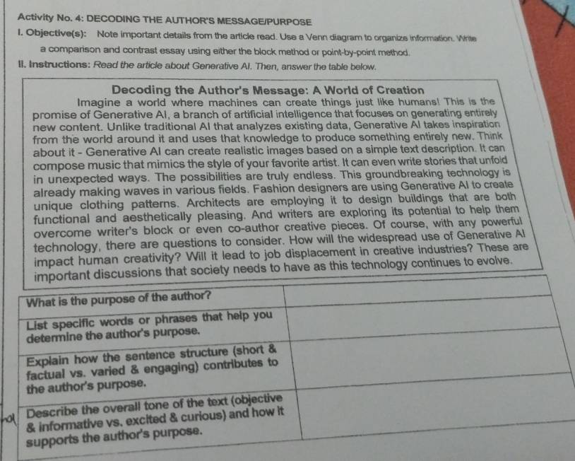 Activity No. 4: DECODING THE AUTHOR'S MESSAGE/PURPOSE 
I. Objective(s): Note important details from the article read. Use a Venn diagram to organize information. Wrile 
a comparison and contrast essay using either the block method or point-by-point method. 
II. Instructions: Read the article about Generative AI. Then, answer the table below. 
Decoding the Author's Message: A World of Creation 
Imagine a world where machines can create things just like humans! This is the 
promise of Generative AI, a branch of artificial intelligence that focuses on generating entirely 
new content. Unlike traditional Al that analyzes existing data, Generative Al takes inspiration 
from the world around it and uses that knowledge to produce something entirely new. Think 
about it - Generative AI can create realistic images based on a simple text description. It can 
compose music that mimics the style of your favorite artist. It can even write stories that unfold 
in unexpected ways. The possibilities are truly endless. This groundbreaking technology is 
already making waves in various fields. Fashion designers are using Generative Al to create 
unique clothing patterns. Architects are employing it to design buildings that are both 
functional and aesthetically pleasing. And writers are exploring its potential to help them 
overcome writer's block or even co-author creative pieces. Of course, with any powerful 
technology, there are questions to consider. How will the widespread use of Generative Al 
impact human creativity? Will it lead to job displacement in creative industries? These are 
to have as this technology continues to evolve.