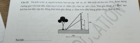 Từ một vị trí A. người ta buộc hai sợi cáp AB và AC đến một cái trụ cao 15m, được dựng 
vuởng góc với mặt đất, chân trụ ở vị trí D. Biệt CD=9m và AD=12m
bởi hai sợi dây cáp đó, đồng thời tính gần đúng # (làm tròn đến hàng phần chục, đơn vị độ) ,Tìm góc nhọn a=E_AC tạo 
Trả lời:_