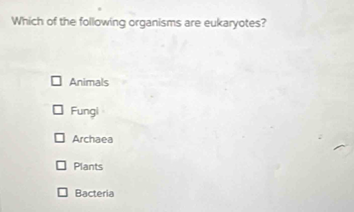 Which of the following organisms are eukaryotes?
Animals
Fungi
Archaea
Plants
Bacteria