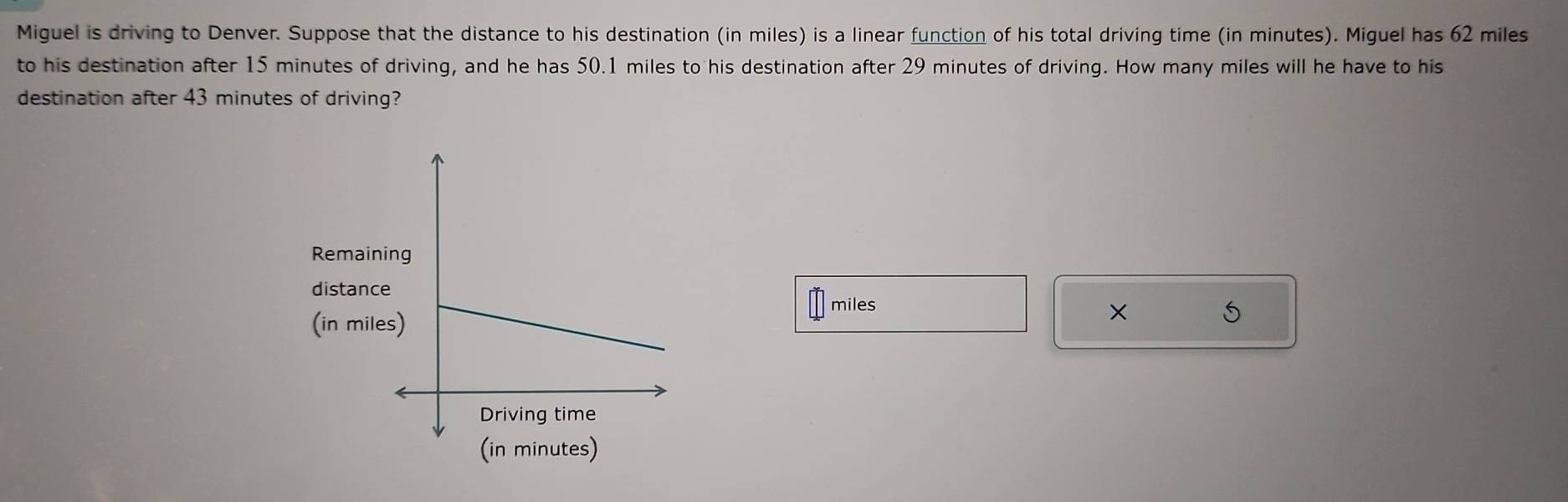 Miguel is driving to Denver. Suppose that the distance to his destination (in miles) is a linear function of his total driving time (in minutes). Miguel has 62 miles
to his destination after 15 minutes of driving, and he has 50.1 miles to his destination after 29 minutes of driving. How many miles will he have to his 
destination after 43 minutes of driving? 
Remain 
distanc
miles
(in mile
× 
(in minutes)