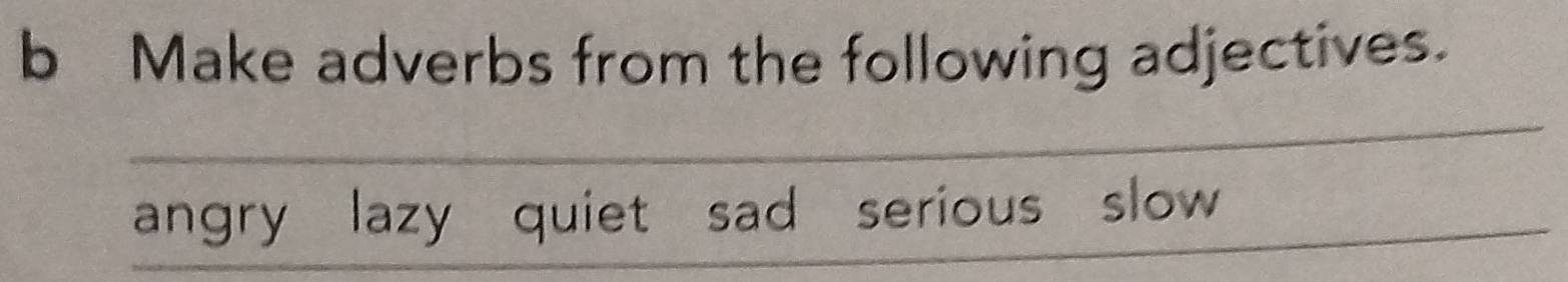 Make adverbs from the following adjectives. 
angry lazy quiet sad serious slow