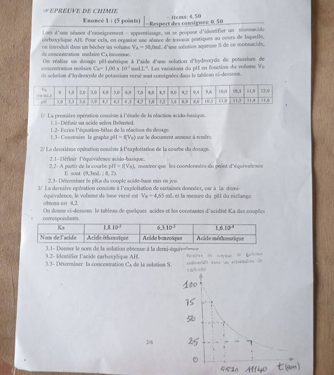 EREUVE DE CHIMIE
- Items: 4, 50
Enoncé 1 : (5 points) —Respect des consignes: 0. 50
Lors d'une séance d'enseignement - apprentissage, on se propose d'identifier un monoacide
carboxylique AH. Pour cela, on organise une séance de travaux pratiques au cours de laquelle,
on introduit dans un bécher un volume V_A=50,0mL d'une solution aqueuse S de ce monoacide,
de concentration molaire C_A inconnue.
On réalise un dosage pH-métrique à l'aide d'une solution d'hydroxyde de potassium de
concentration molaire C_n=1,00* 10^(-1) mol L^(-1). Les variations du pH en fonction du volume V_n
de solution d'hydroxyde de potassium versé sont consignées dans le tableau ci-dessous.
l/ La première opération consiste à l'étude de la réaction acido-basique.
1.1- Définir un acide selon Brönsted.
1.2- Ecrire l'équation-bilan de la réaction du dosage.
1.3- Construire le graphe pH =f(V_n) sur le document annexe à rendre.
2/ La deuxième opération consiste à l'exploitation de la courbe du dosage.
2.1- Définir l'équivalence acido-basique.
2.2- A partir de la courbe pH I=f(V_0) , montrer que les coordonnées du point d'équivalence
E sont (9,3mL;8,2)
2.3- Déterminer le pKa du couple acide-base mis en jeu.
3/ La dernière opération consiste à l'exploitation de certaines données, car à la demi-
équivalence, le volume de base versé est V_B=4,65mL , et la mesure du  pII du mélange
obtenu est 4,2.
On donne ci-dessous le tableau de quelques acides et les constantes d'acidité Ka des couples
rrespondant
3.1- Donner le nom de la solution obtenue à la demi-équiva!ec
3.2- Identifier l'acide carboxylique AH.
3.3- Déterminer la éoncentration C_A de la solution S.
ne
2/6