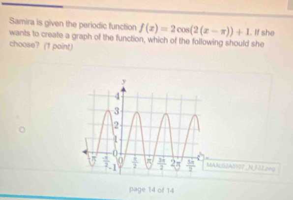 Solved: Samira is given the periodic function f(x)=2cos (2(x-π ))+1. If ...