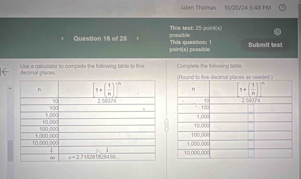 Jalen Thomas 10/20/24 6:48 PM
This test: 25 point(s)
Question 16 of 25 possible
This question: 1 Submit test
point(s) possible
Use a calculator to complete the following table to five Complete the following table.
decimal places.
(Round to five decimal places as needed.)