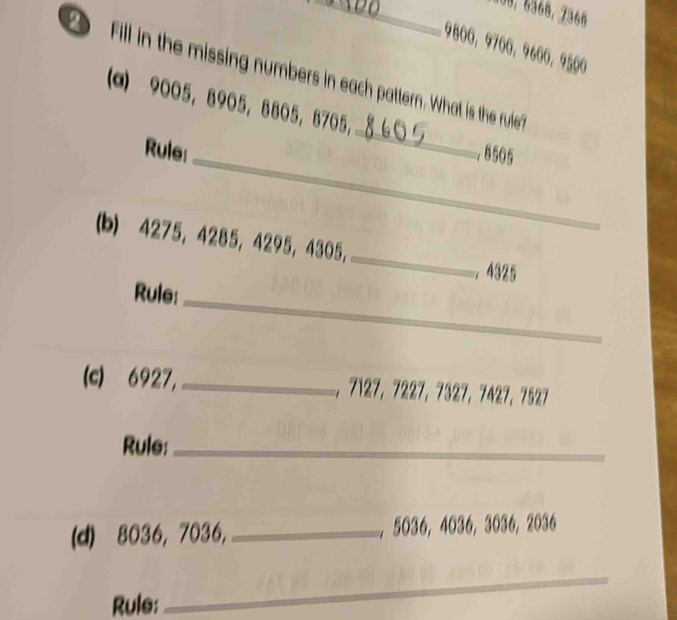 Giải quyết:308, 8368, 7368 9800, 9700, 9600, 9500 0 Fill in the missing ...