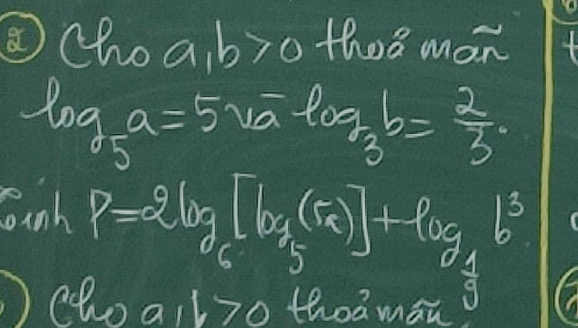 choa b>0 thes mon
log _5a=5vatlog _3b= 2/3 . 
Counh
P=2log _6[log _5(π )]+log _ 4/3 b^3
choa1l70