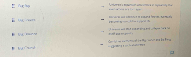 Universe's expansion accelerates so repeatedly that
Big Rip even atoms are torn apart
Universe will continue to expand forever, eventually
Big Freeze becoming too cold to support life
Universe will stop expanding and collapse back on
Big Bounce itself due to gravity
Combines elements of the Big Crunch and Big Bang.
Big Crunch suggesting a cyclical universe