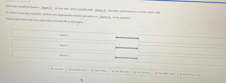 One-step equations have a _[blank_1]_ on one side, and a variable with _[blank 2]_ operation performed on it on the other side
To solve a one-step equation, perform the appropriate inverse operation on _[blank 3]_ of the equation.
Match each blank with the option that correctly fills in that blank.
blank 1
blank 2
blank 3
# number # exactly one :both sides : the left side I an inverse : the right side # more than one