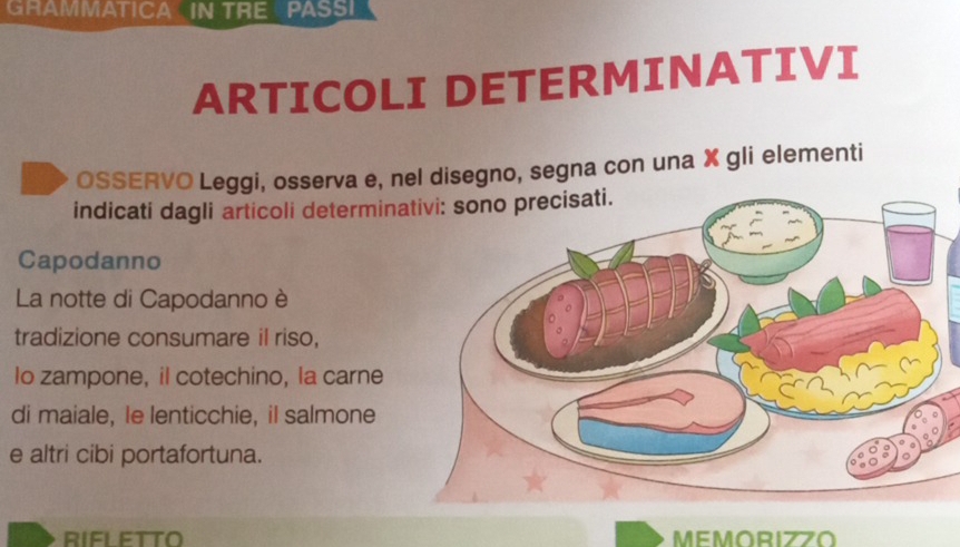 GRAMMATICA IN TRE PASS! 
ARTICOLI DETERMINATIVI 
OSSERVO Leggi, osserva e, nel disegno, segna con una X gli elementi 
indicati dagli articoli determin 
Capodanno 
La notte di Capodanno è 
tradizione consumare il riso, 
Io zampone, il cotechino, la carne 
di maiale, le lenticchie, iI salmone 
e altri cibi portafortuna. 
RIFLETTO MEMORIZZO