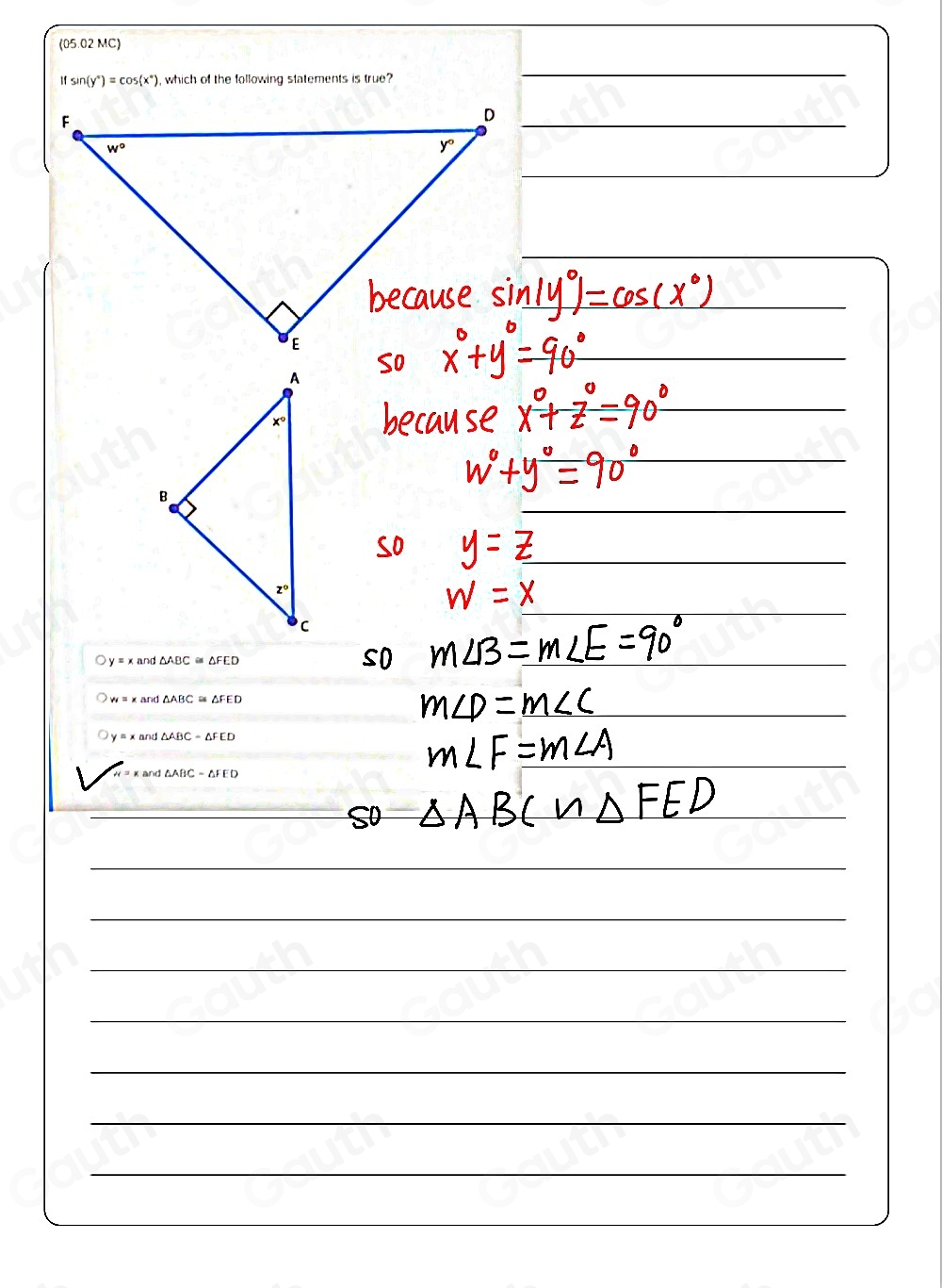Solved: (05.02 MC) If sin (y°)=cos (x°) , which of the following ...