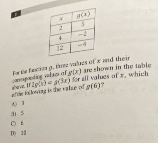 For the function g, three values of x and their
corresponding values of g(x) are shown in the table
above. If 2g(x)=g(3x) for all values of x, which
of the following is the value of g(6) ?
A) 3
B) 5
C) 6
D) 10