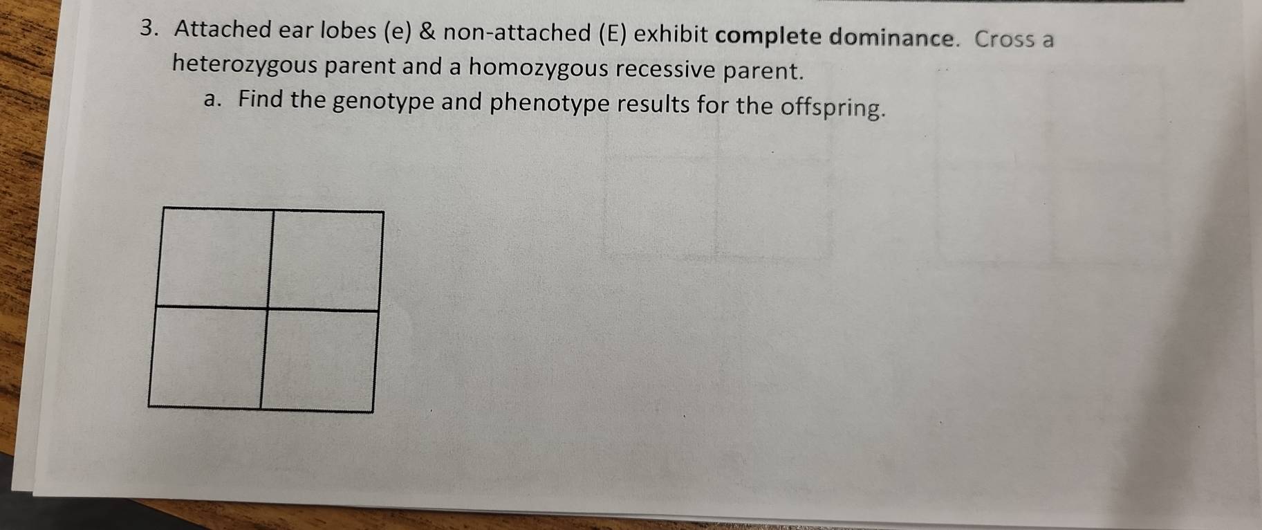 Attached ear lobes (e) & non-attached (E) exhibit complete dominance. Cross a 
heterozygous parent and a homozygous recessive parent. 
a. Find the genotype and phenotype results for the offspring.