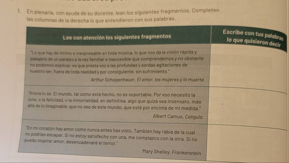 En plenaria, con ayuda de su docente, lean los siguientes fragmentos. Completen 
las columnas dron con sus palabras. 
s